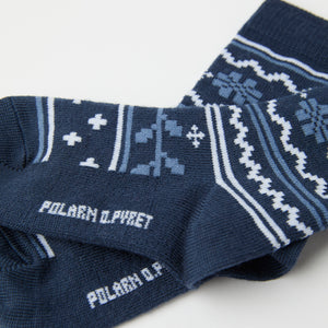 Blue Fairisle Merino Kids Socks from Polarn O. Pyret kidswear. Nordic kids clothes made from sustainable sources.