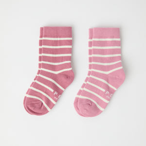 Two Pack Pink Striped Kids Socks from Polarn O. Pyret kidswear. Clothes made using sustainably sourced materials.