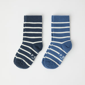 Two Pack blue Striped Kids Socks from Polarn O. Pyret kidswear. Nordic kids clothes made from sustainable sources.