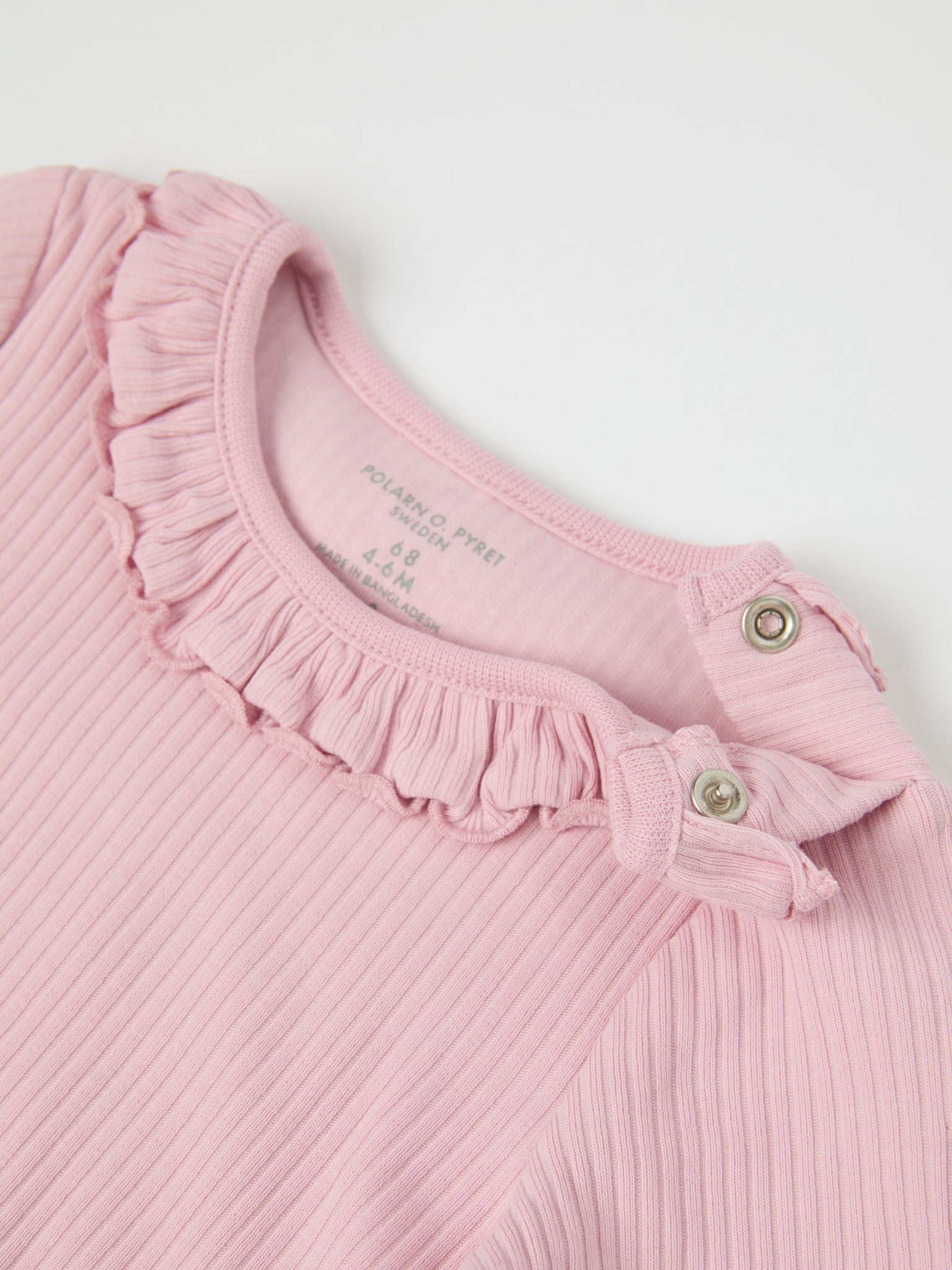 Pink Frilled Organic Cotton Babygrow from the Polarn O. Pyret baby collection. Ethically produced kids clothing.