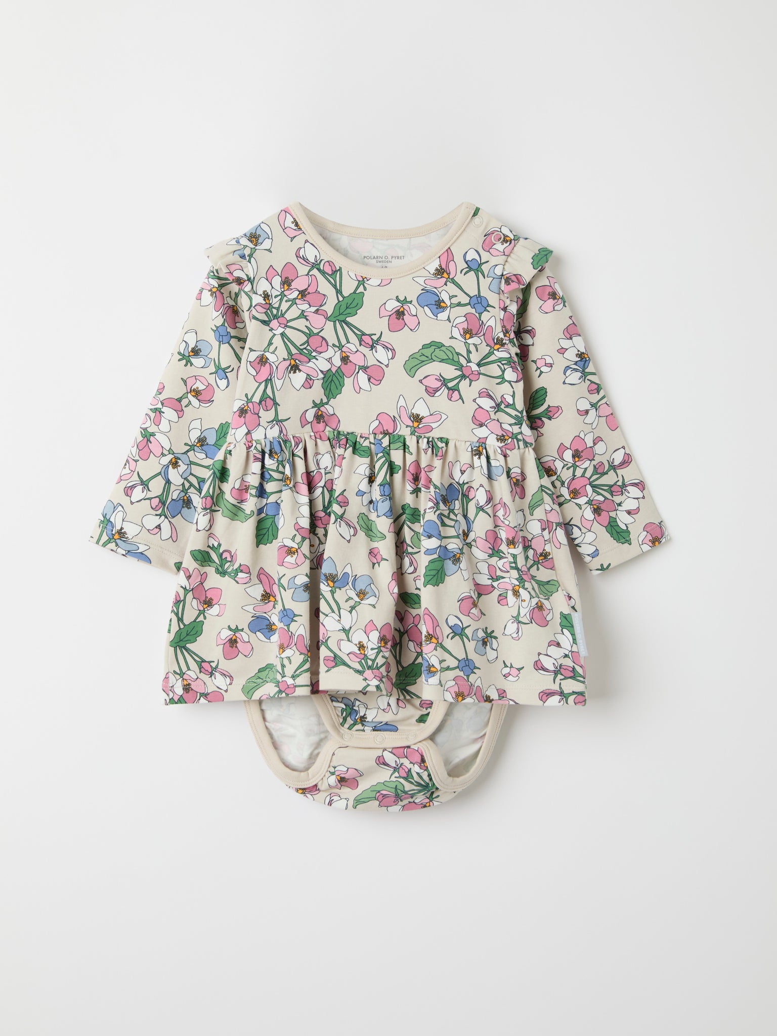 Apple Blossom Print Babygrow from the Polarn O. Pyret baby collection. Clothes made using sustainably sourced materials.