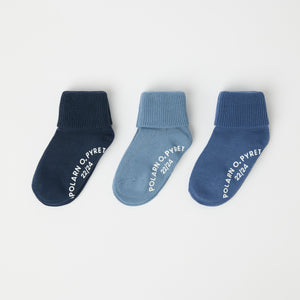 Three Pack Blue Antislip Kids Socks from Polarn O. Pyret kidswear. Nordic kids clothes made from sustainable sources.