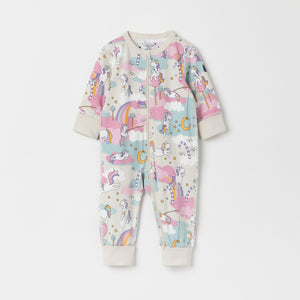 Unicorn Print Cotton Baby Sleepsuit from the Polarn O. Pyret baby collection. Clothes made using sustainably sourced materials.