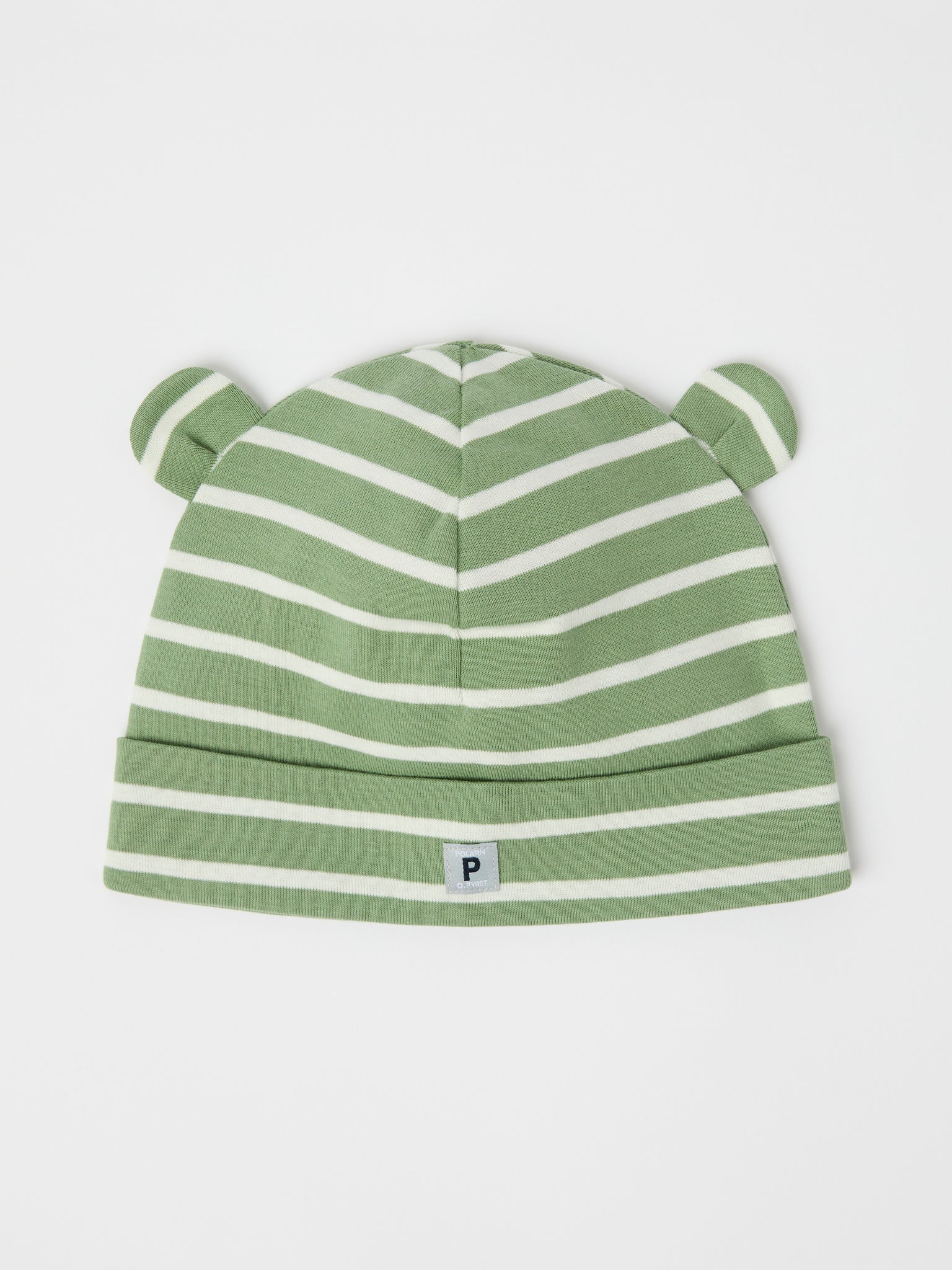 Green Striped Baby Beanie Hat from the Polarn O. Pyret baby collection. Nordic kids clothes made from sustainable sources.