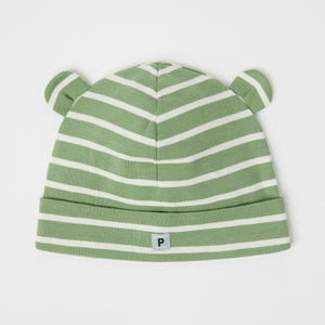 Green Striped Baby Beanie Hat from the Polarn O. Pyret baby collection. Nordic kids clothes made from sustainable sources.