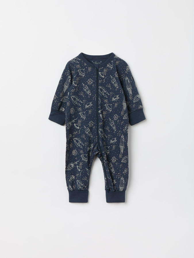 Space Print Baby Sleepsuit from the Polarn O. Pyret baby collection. Ethically produced kids clothing.