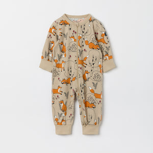 Fox Print Organic Cotton Baby Sleepsuit from the Polarn O. Pyret baby collection. Clothes made using sustainably sourced materials.