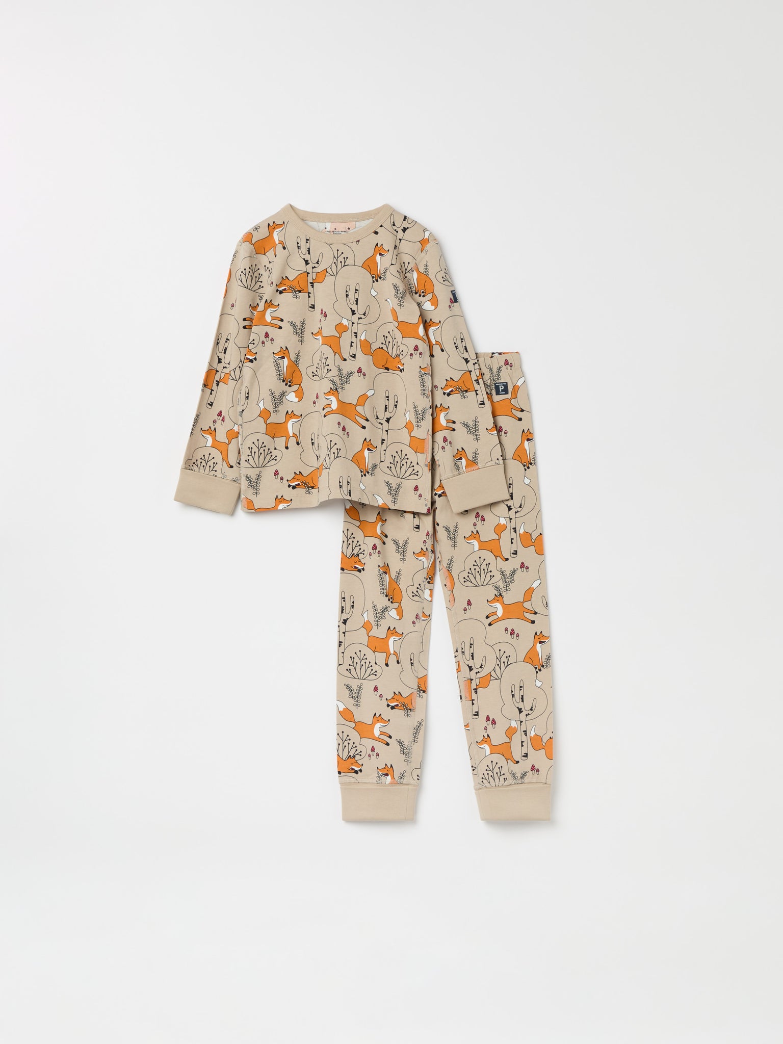 Fox Print Kids Pyjamas from the Polarn O. Pyret kidswear collection. Nordic kids clothes made from sustainable sources.