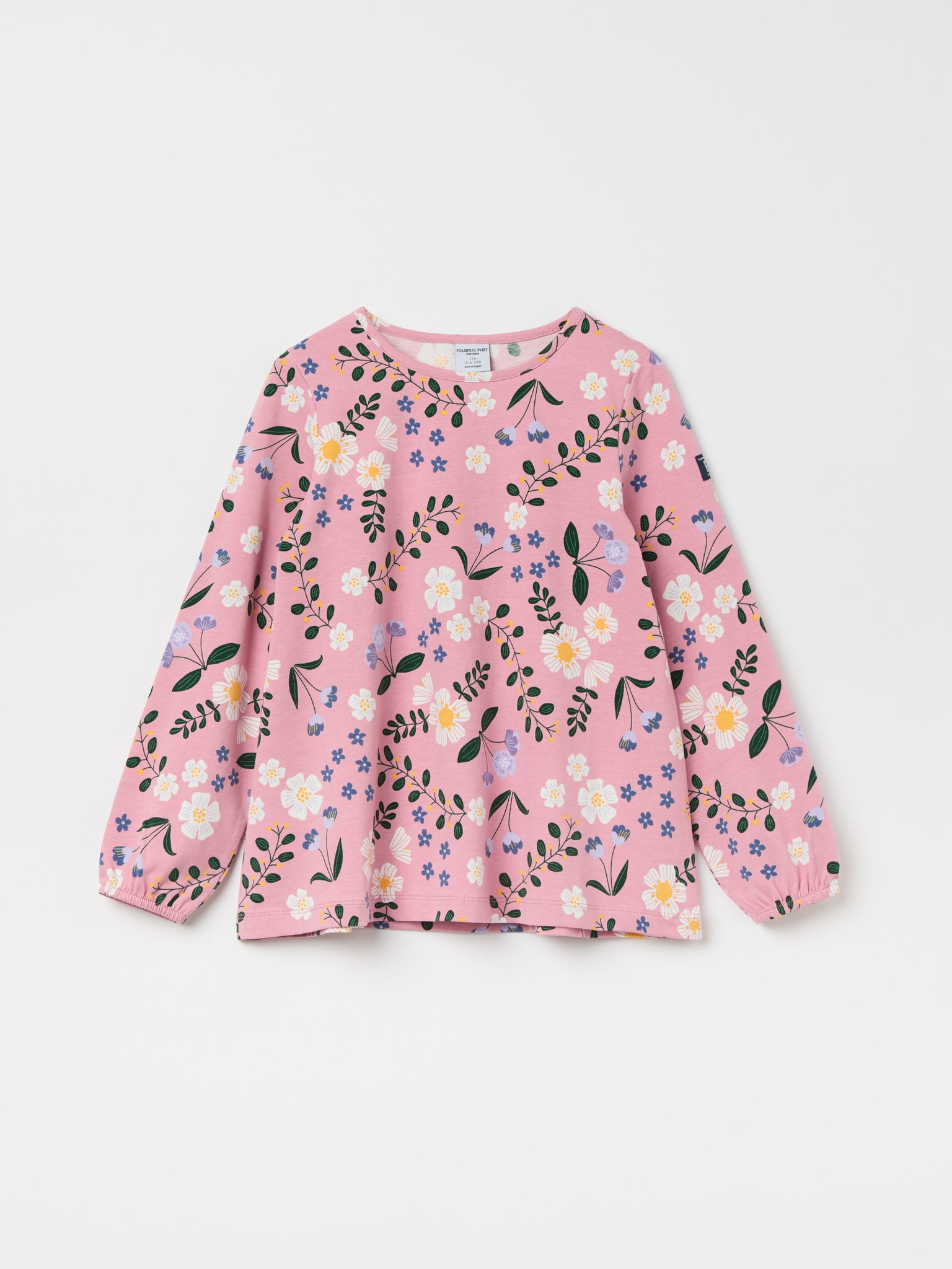 Pink Floral Print Kids Top from the Polarn O. Pyret kidswear collection. Nordic kids clothes made from sustainable sources.