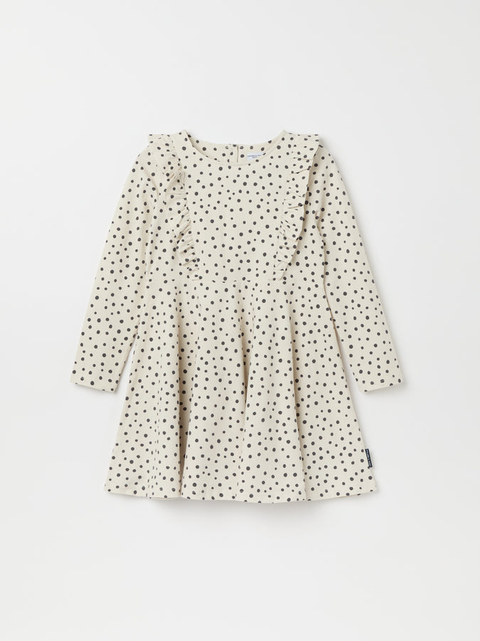 Organic Cotton Polka Dot Print Kids Dress from the Polarn O. Pyret kidswear collection. Ethically produced kids clothing.