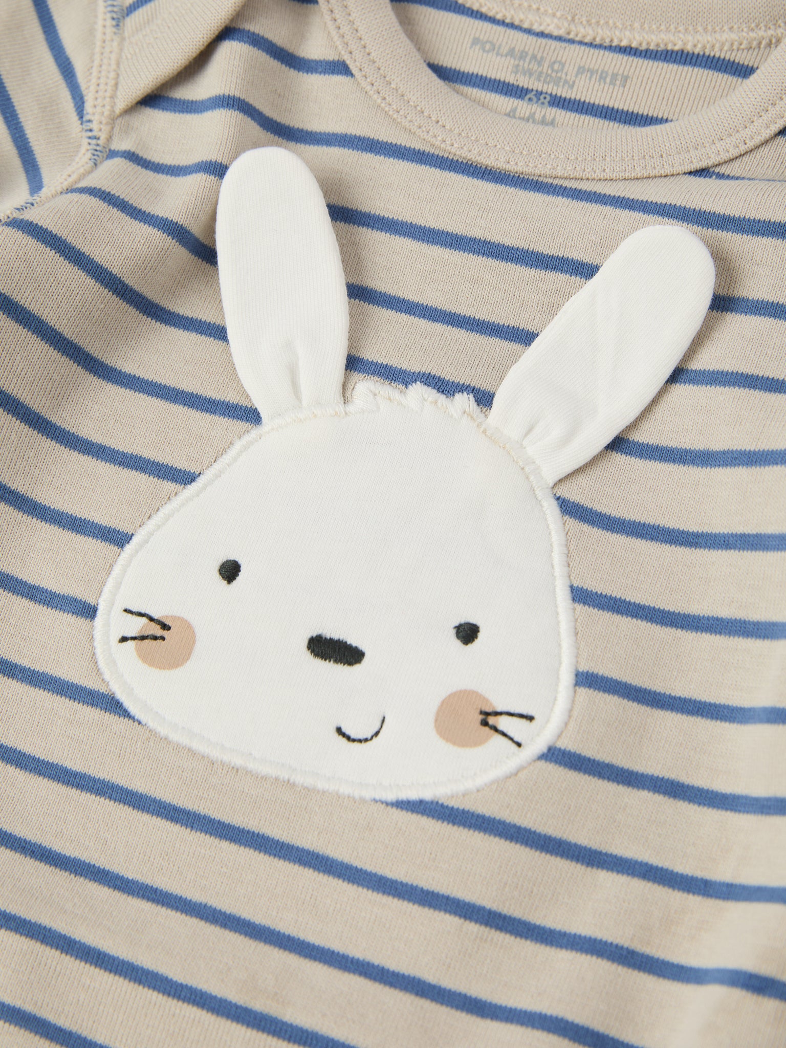 Striped Rabbit Appliqué Babygrow from the Polarn O. Pyret baby collection. Nordic kids clothes made from sustainable sources.