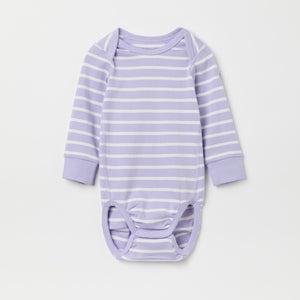 Purple Striped Babygrow from the Polarn O. Pyret baby collection. Clothes made using sustainably sourced materials.