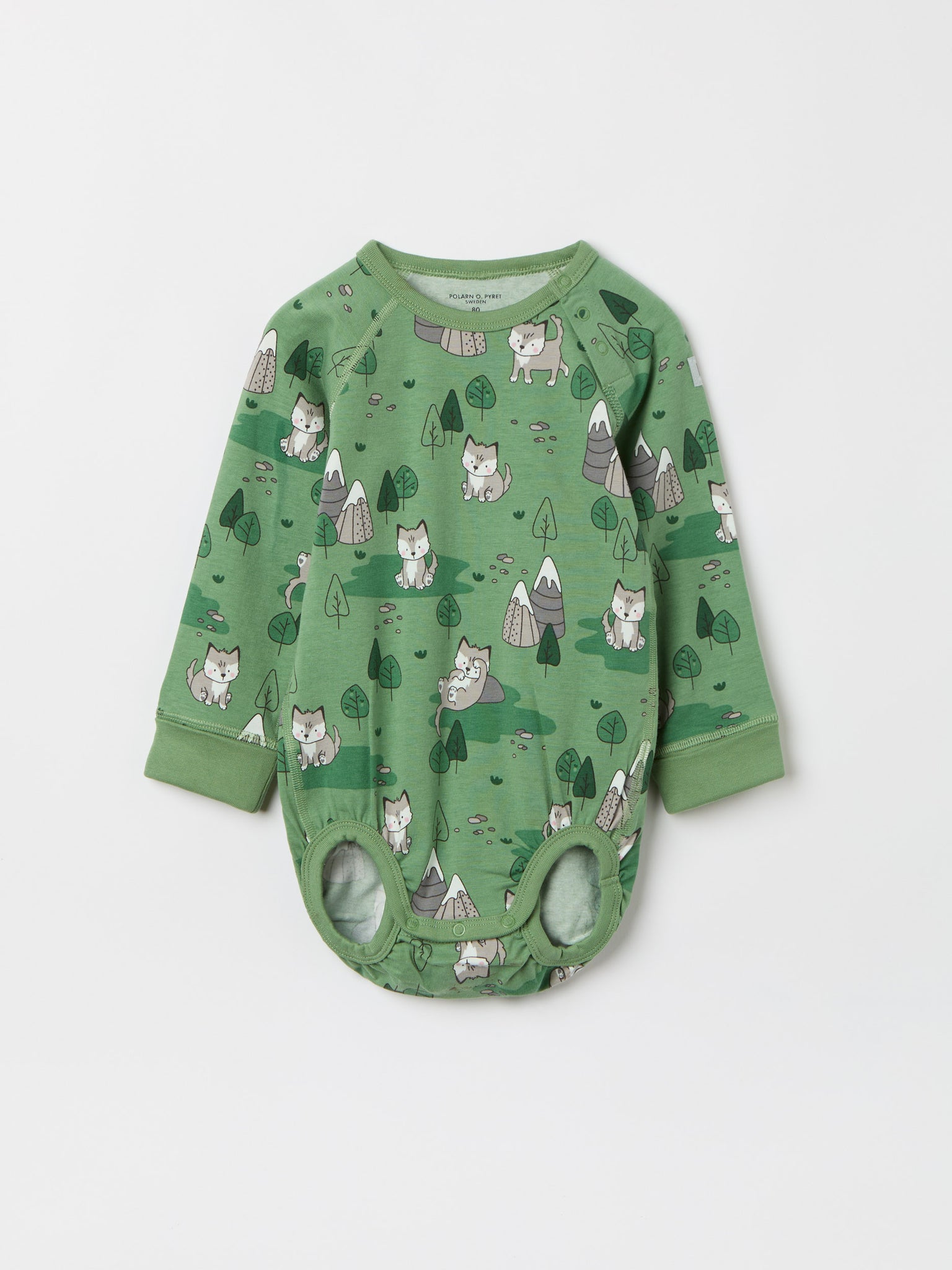 Mountain Fox Print Babygrow from the Polarn O. Pyret baby collection. Nordic kids clothes made from sustainable sources.