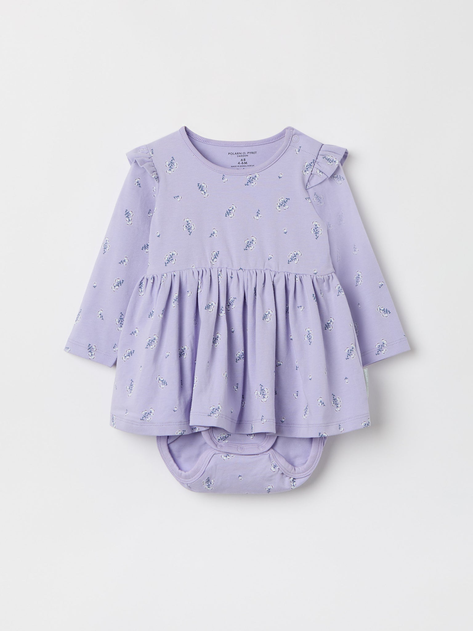 Purple Floral Print Babygrow Dress from the Polarn O. Pyret baby collection. Ethically produced kids clothing.