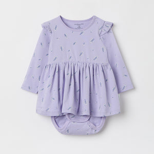 Purple Floral Print Babygrow Dress from the Polarn O. Pyret baby collection. Ethically produced kids clothing.