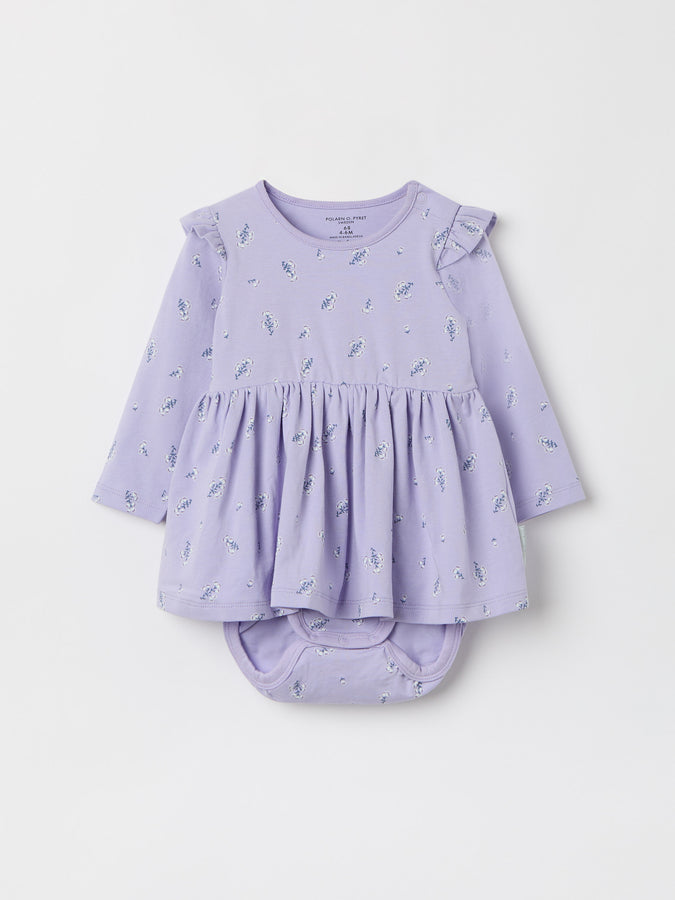 Purple Floral Print Babygrow Dress from the Polarn O. Pyret baby collection. Ethically produced kids clothing.