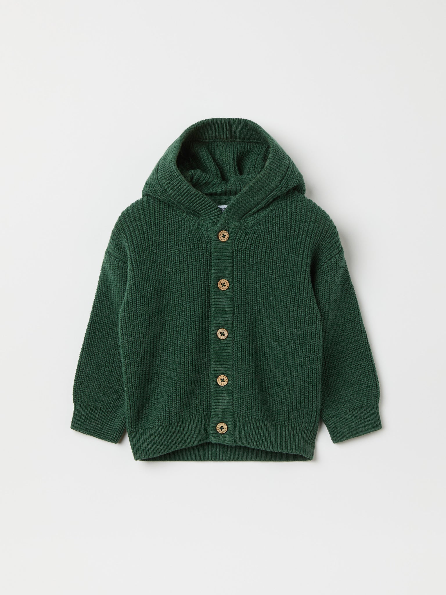 Green Cotton Knitted Baby Hoodie from the Polarn O. Pyret baby collection. Nordic kids clothes made from sustainable sources.