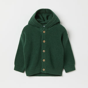 Green Cotton Knitted Baby Hoodie from the Polarn O. Pyret baby collection. Nordic kids clothes made from sustainable sources.