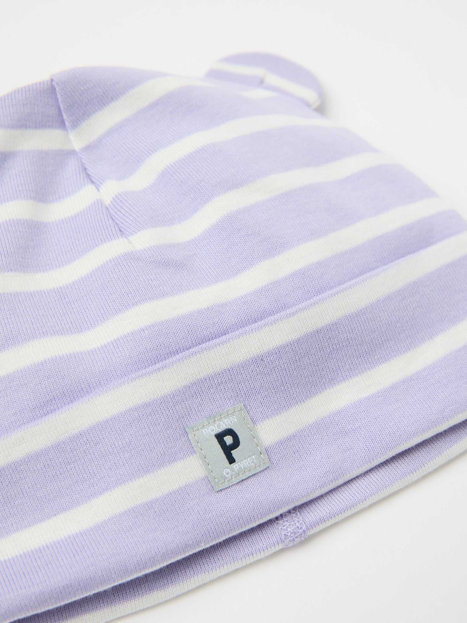 Purple Striped Baby Beanie Hat from the Polarn O. Pyret baby collection. Clothes made using sustainably sourced materials.