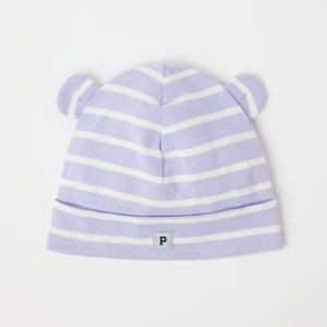 Purple Striped Baby Beanie Hat from the Polarn O. Pyret baby collection. Clothes made using sustainably sourced materials.