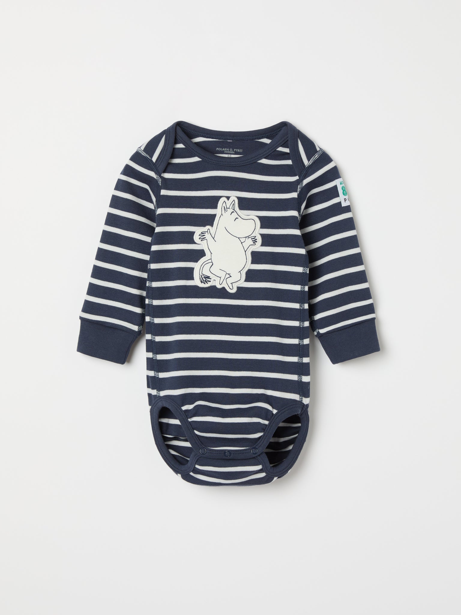 Striped Moomin Appliqué Babygrow from the Polarn O. Pyret baby collection. Nordic kids clothes made from sustainable sources.