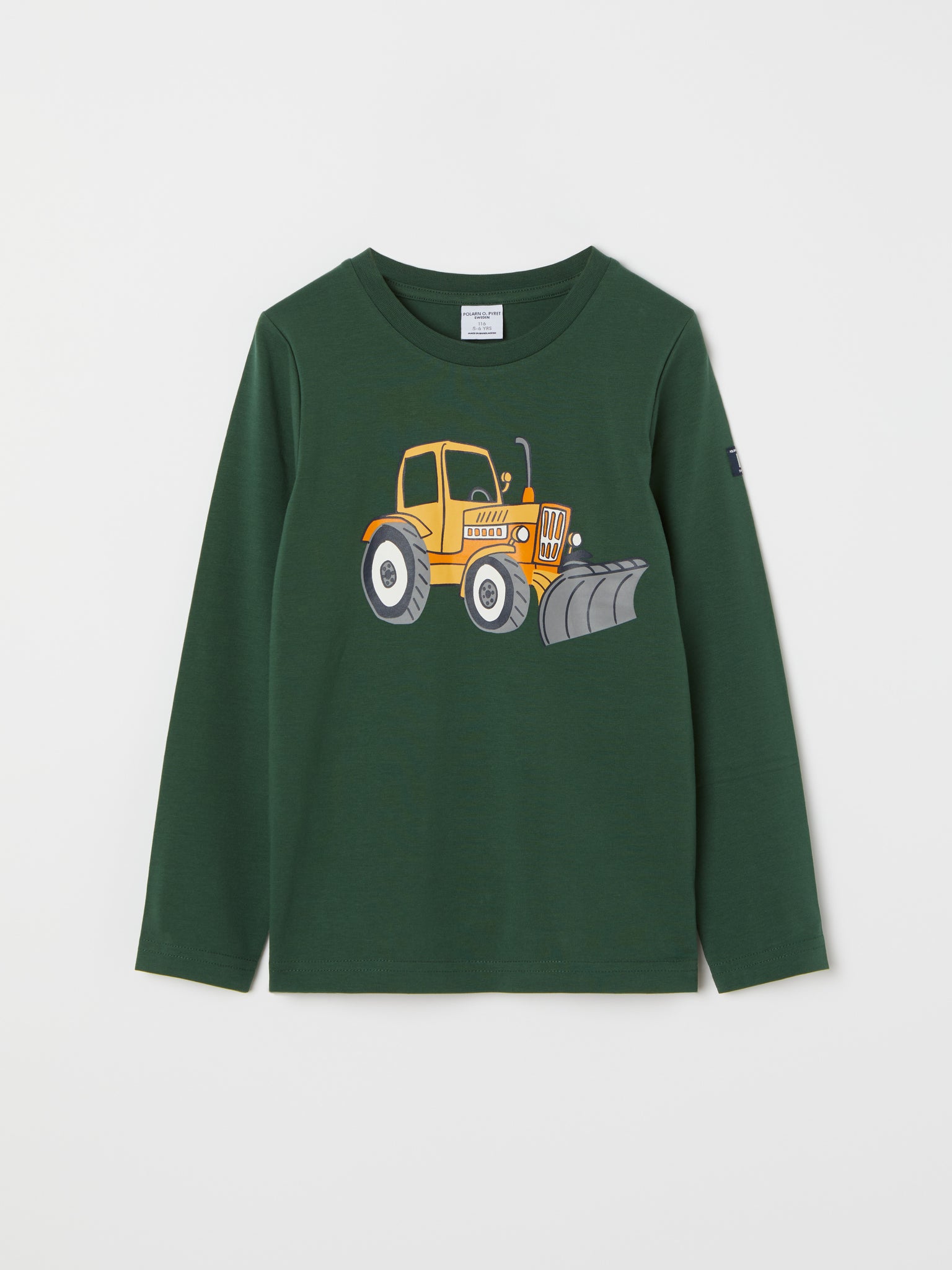 Tractor Print Cotton Kids Top from the Polarn O. Pyret kidswear collection. Nordic kids clothes made from sustainable sources.