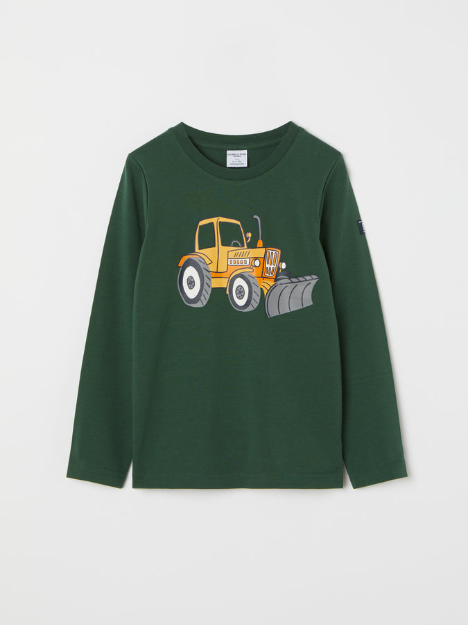 Tractor Print Cotton Kids Top from the Polarn O. Pyret kidswear collection. Nordic kids clothes made from sustainable sources.