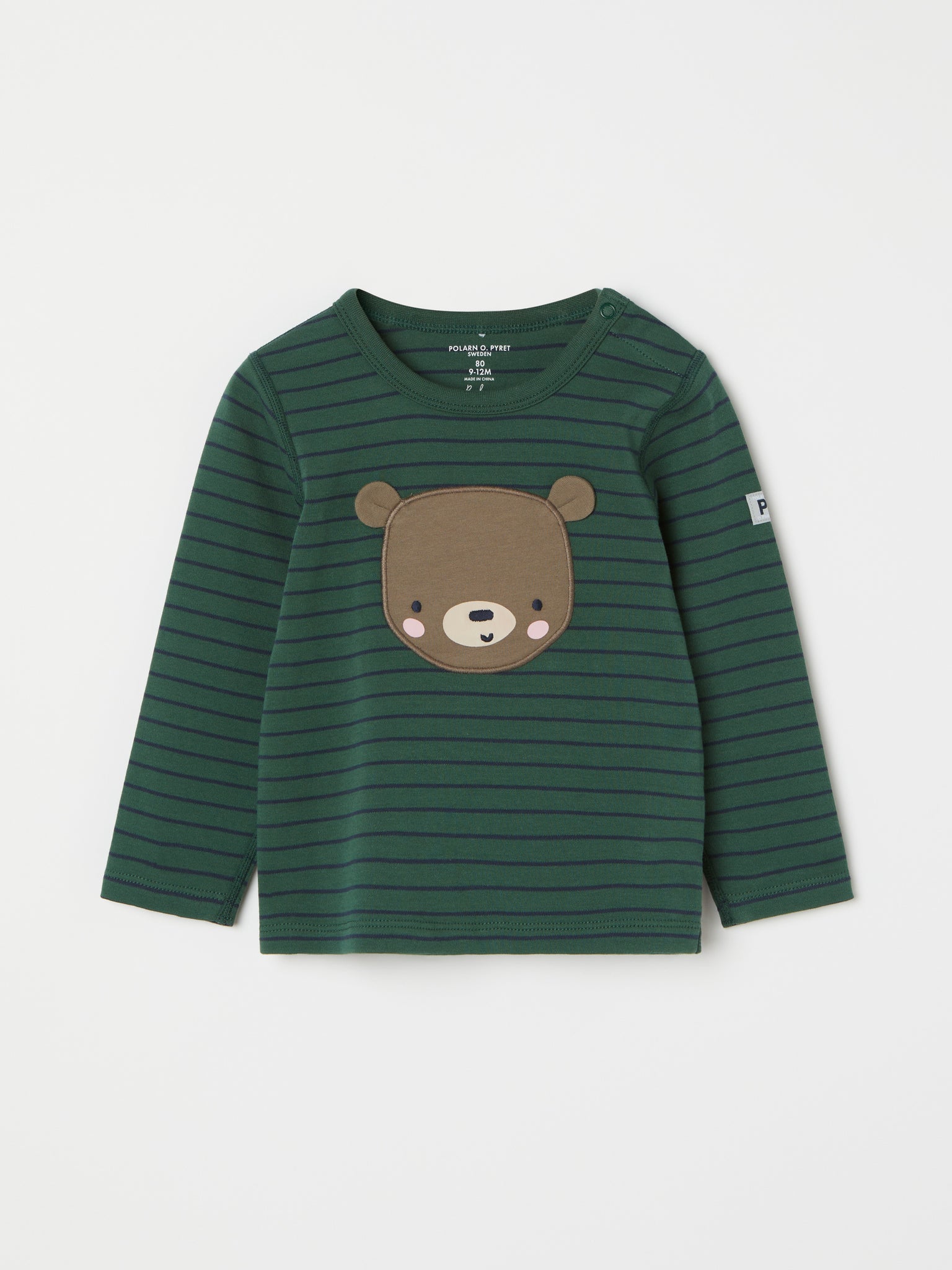 Bear Appliqué Organic Cotton Baby Top from the Polarn O. Pyret baby collection. Clothes made using sustainably sourced materials.