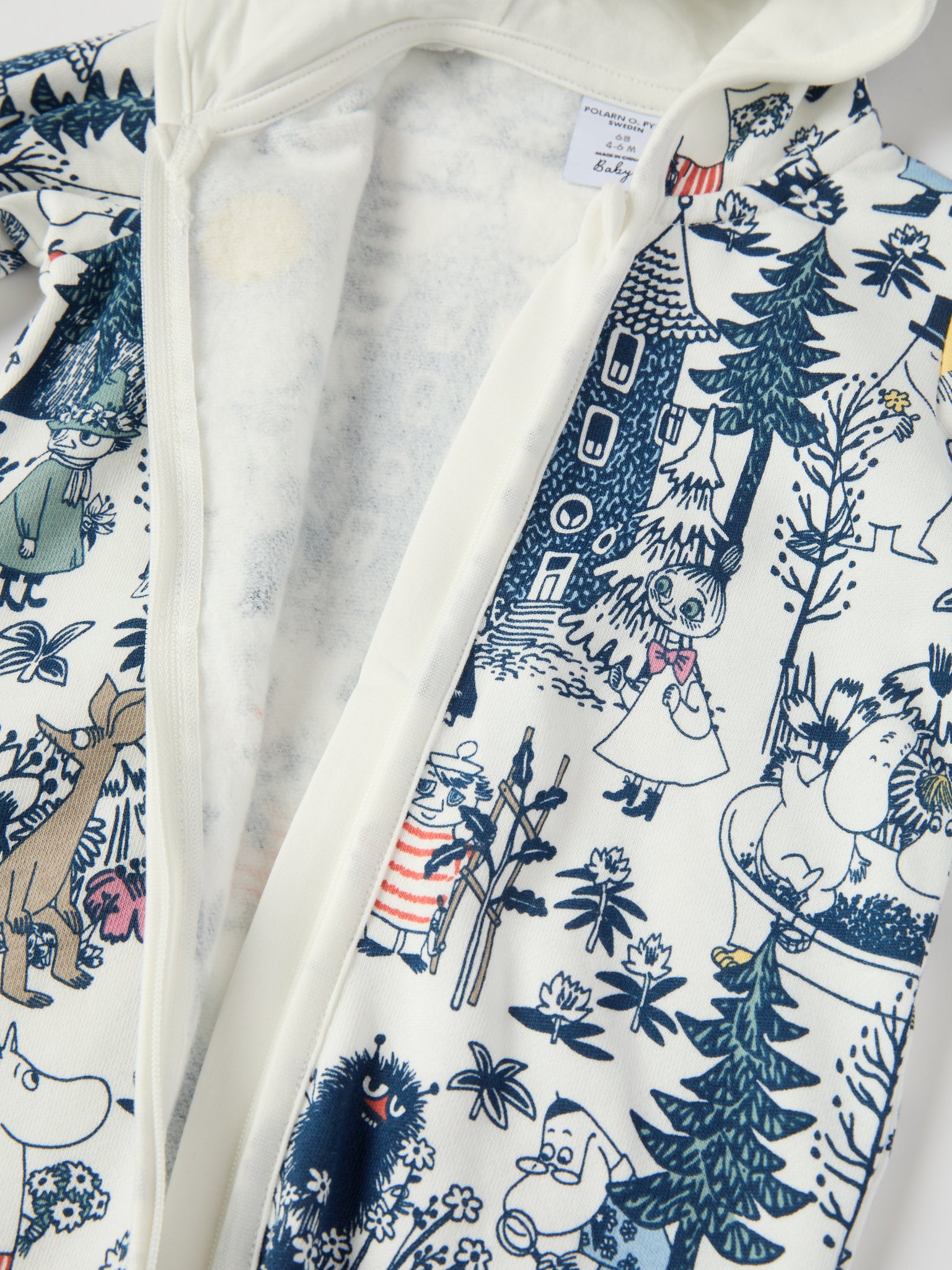 Moomin Print Baby All-in-one from the Polarn O. Pyret baby collection. Clothes made using sustainably sourced materials.