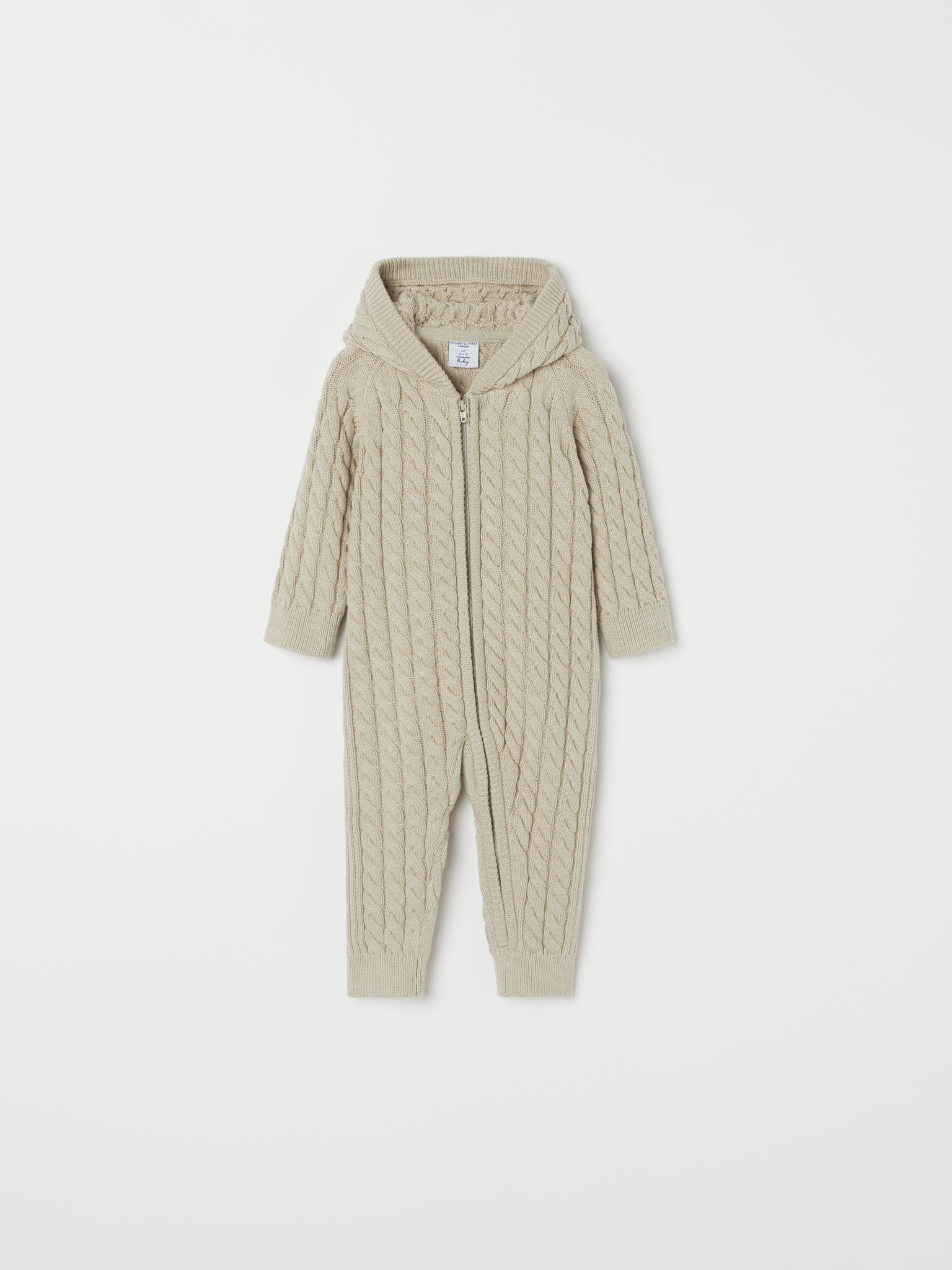 Cable Knit Baby Hooded All-in-one from the Polarn O. Pyret baby collection. Nordic kids clothes made from sustainable sources.