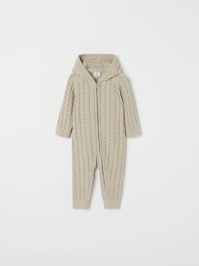 Cable Knit Baby Hooded All-in-one from the Polarn O. Pyret baby collection. Nordic kids clothes made from sustainable sources.