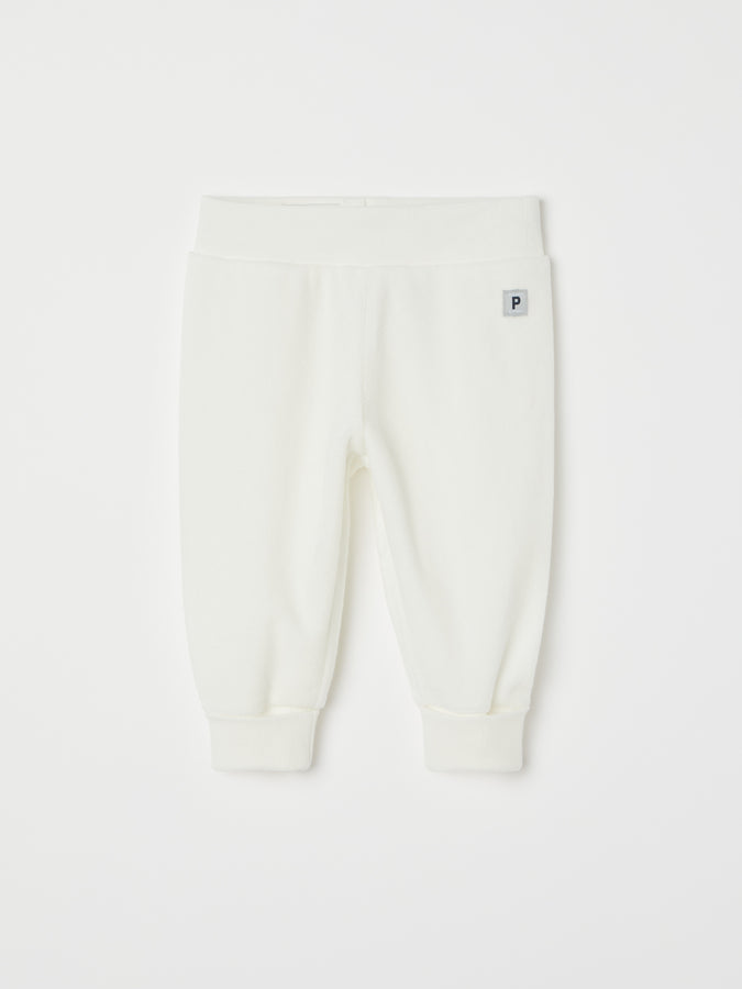 White Velour Baby Trousers from the Polarn O. Pyret baby collection. Nordic kids clothes made from sustainable sources.