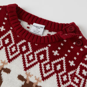 Red Reindeer Fairisle Kids Jumper from the Polarn O. Pyret kidswear collection. Nordic kids clothes made from sustainable sources.