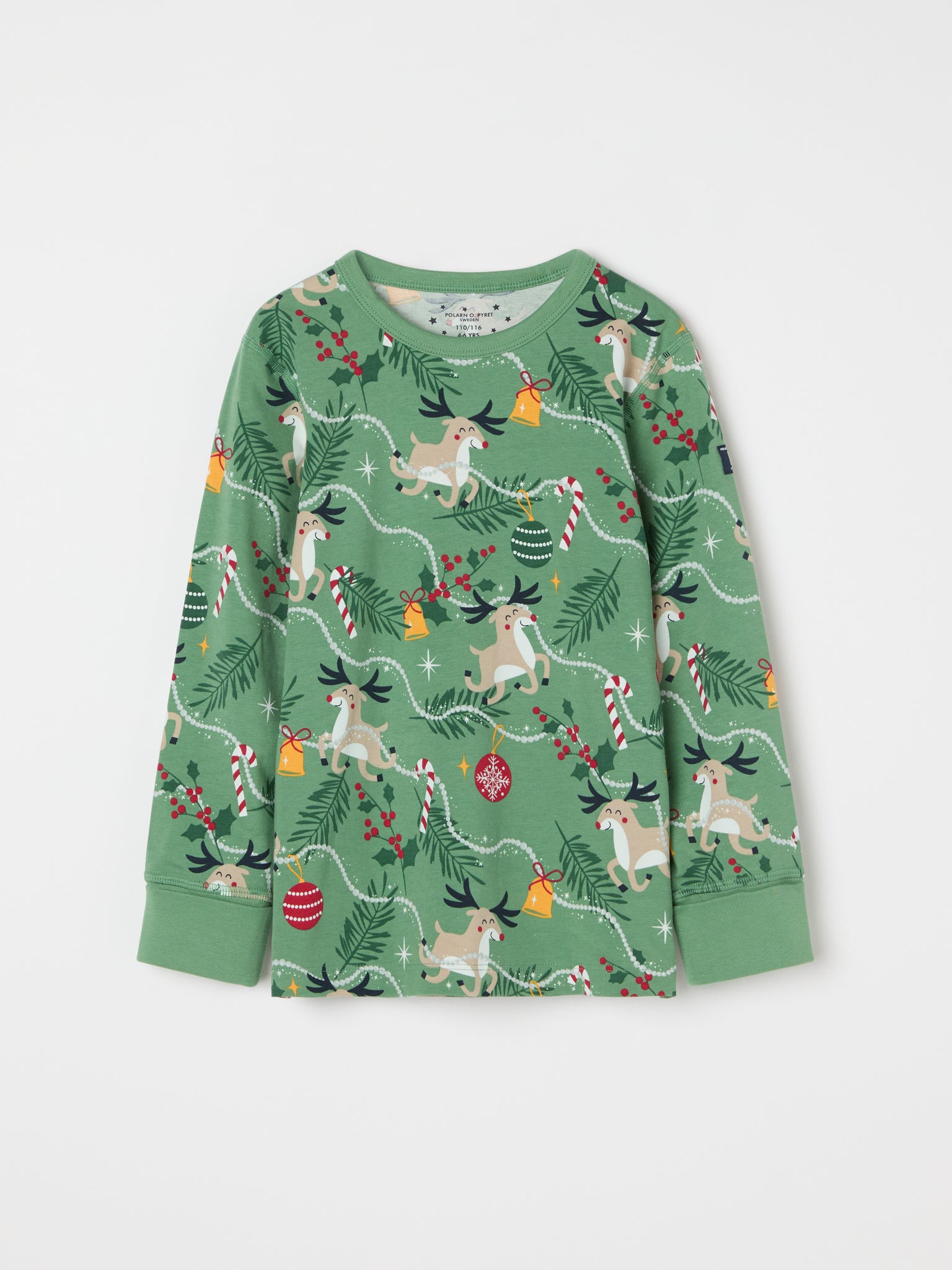 Reindeer Print Kids Pyjamas from the Polarn O. Pyret kidswear collection. Clothes made using sustainably sourced materials.