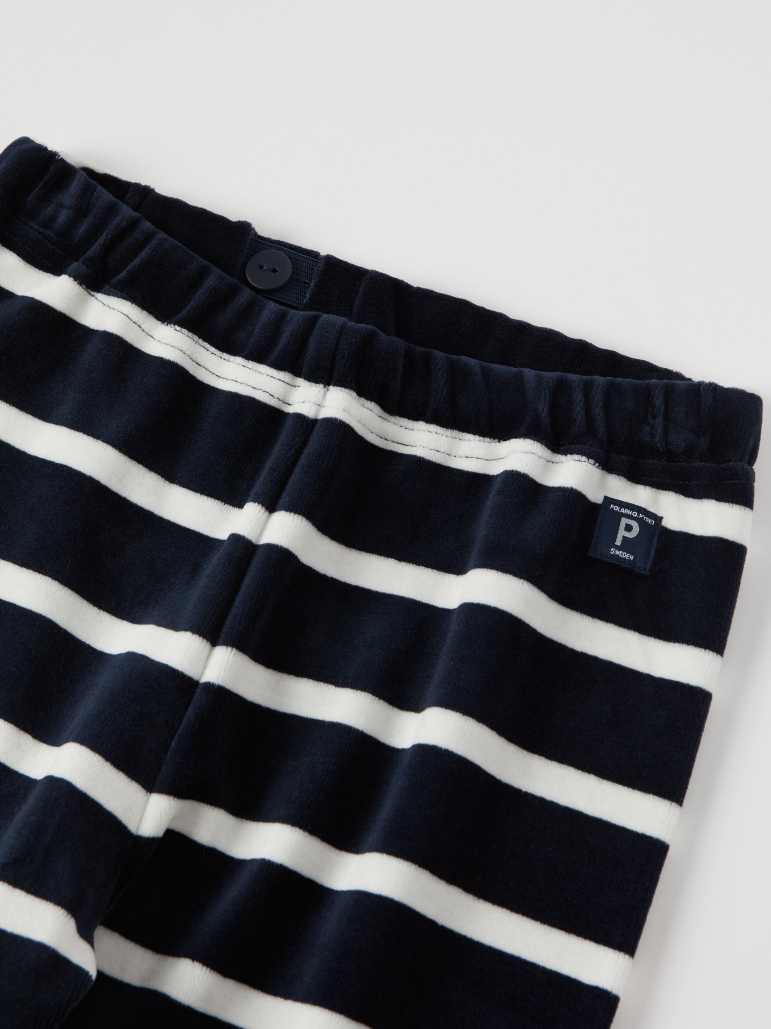 Navy Striped Velour Leggings from the Polarn O. Pyret kidswear collection. Nordic kids clothes made from sustainable sources.