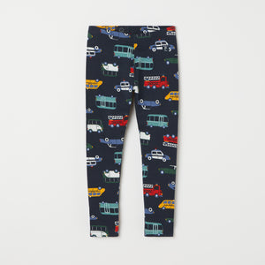 Organic Car Print Kids Leggings from the Polarn O. Pyret kidswear collection. Nordic kids clothes made from sustainable sources.