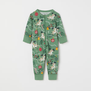 Reindeer Print Baby Sleepsuit from the Polarn O. Pyret baby collection. Nordic kids clothes made from sustainable sources.