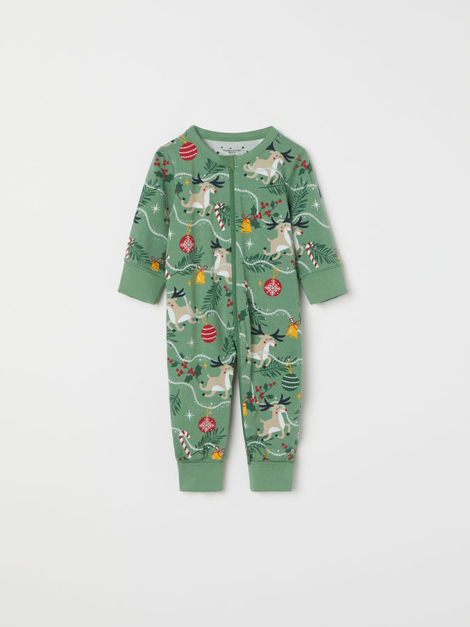 Reindeer Print Baby Sleepsuit from the Polarn O. Pyret baby collection. Nordic kids clothes made from sustainable sources.