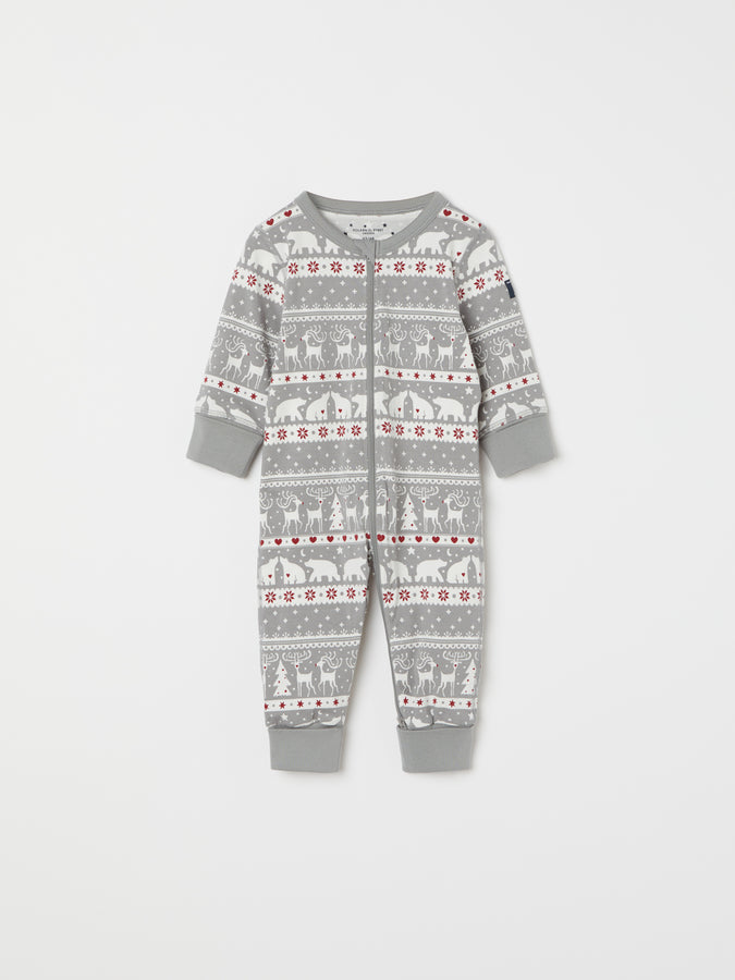 Nordic Christmas Print Baby Sleepsuit from the Polarn O. Pyret baby collection. Ethically produced kids clothing.