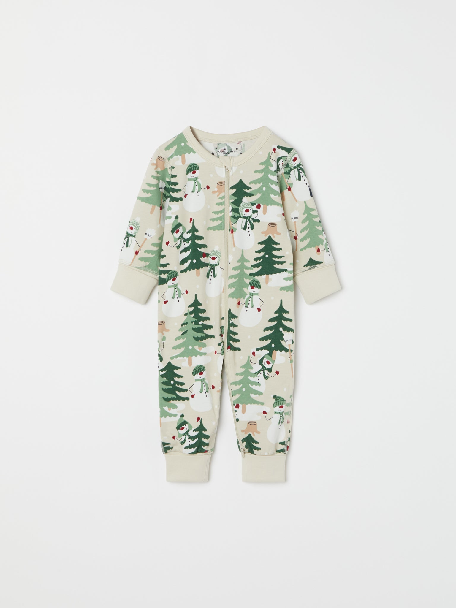 Nordic Forest Print Baby Sleepsuit from the Polarn O. Pyret baby collection. Clothes made using sustainably sourced materials.