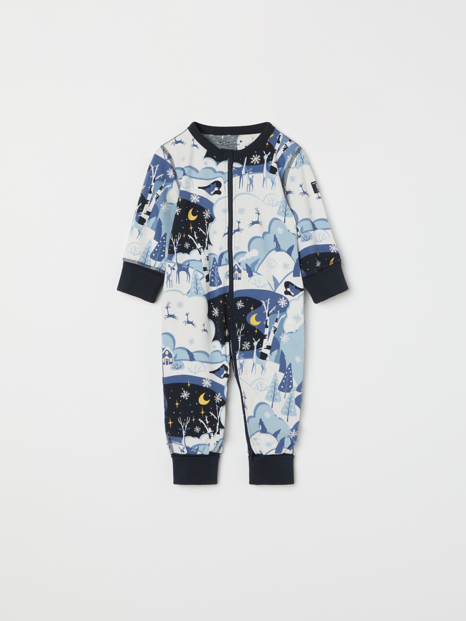 Winter Forest Print Baby Sleepsuit from the Polarn O. Pyret baby collection. Nordic kids clothes made from sustainable sources.