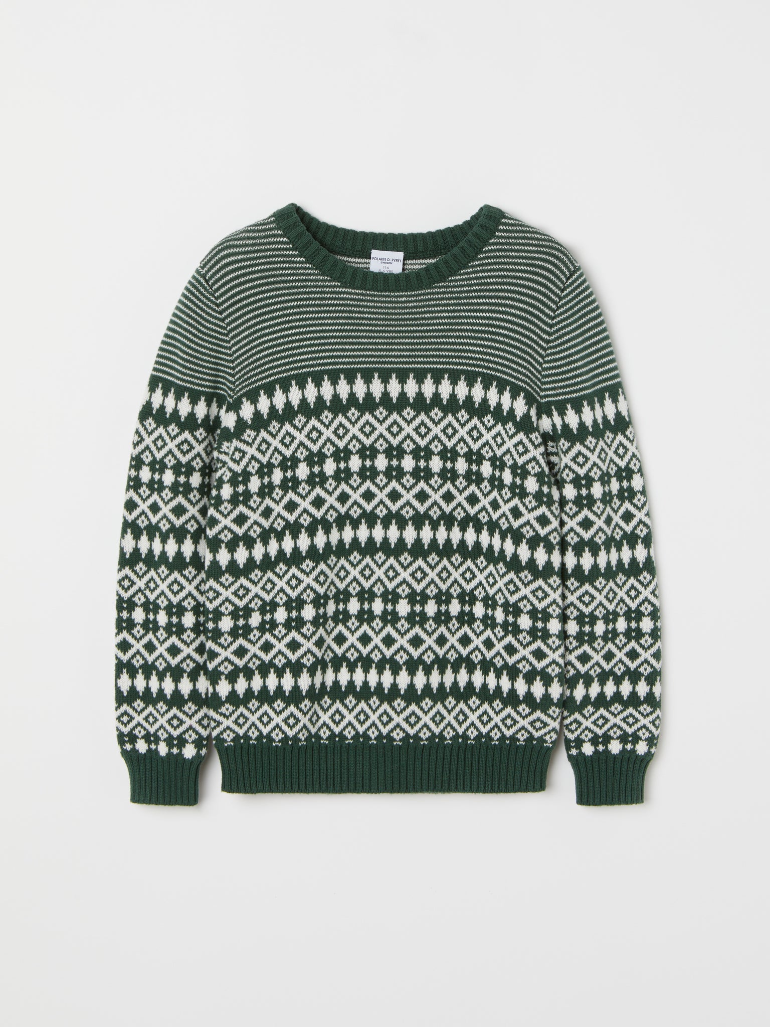 Green Kids Fairisle Jumper from the Polarn O. Pyret kidswear collection. Nordic kids clothes made from sustainable sources.