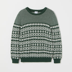 Green Kids Fairisle Jumper from the Polarn O. Pyret kidswear collection. Nordic kids clothes made from sustainable sources.