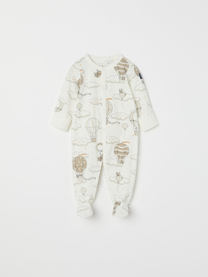 Balloon Print Baby Sleepsuit from the Polarn O. Pyret baby collection. Clothes made using sustainably sourced materials.