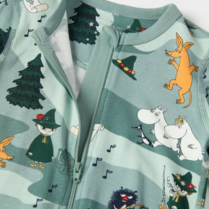 Moomin Print Baby Sleepsuit from the Polarn O. Pyret baby collection. Nordic kids clothes made from sustainable sources.