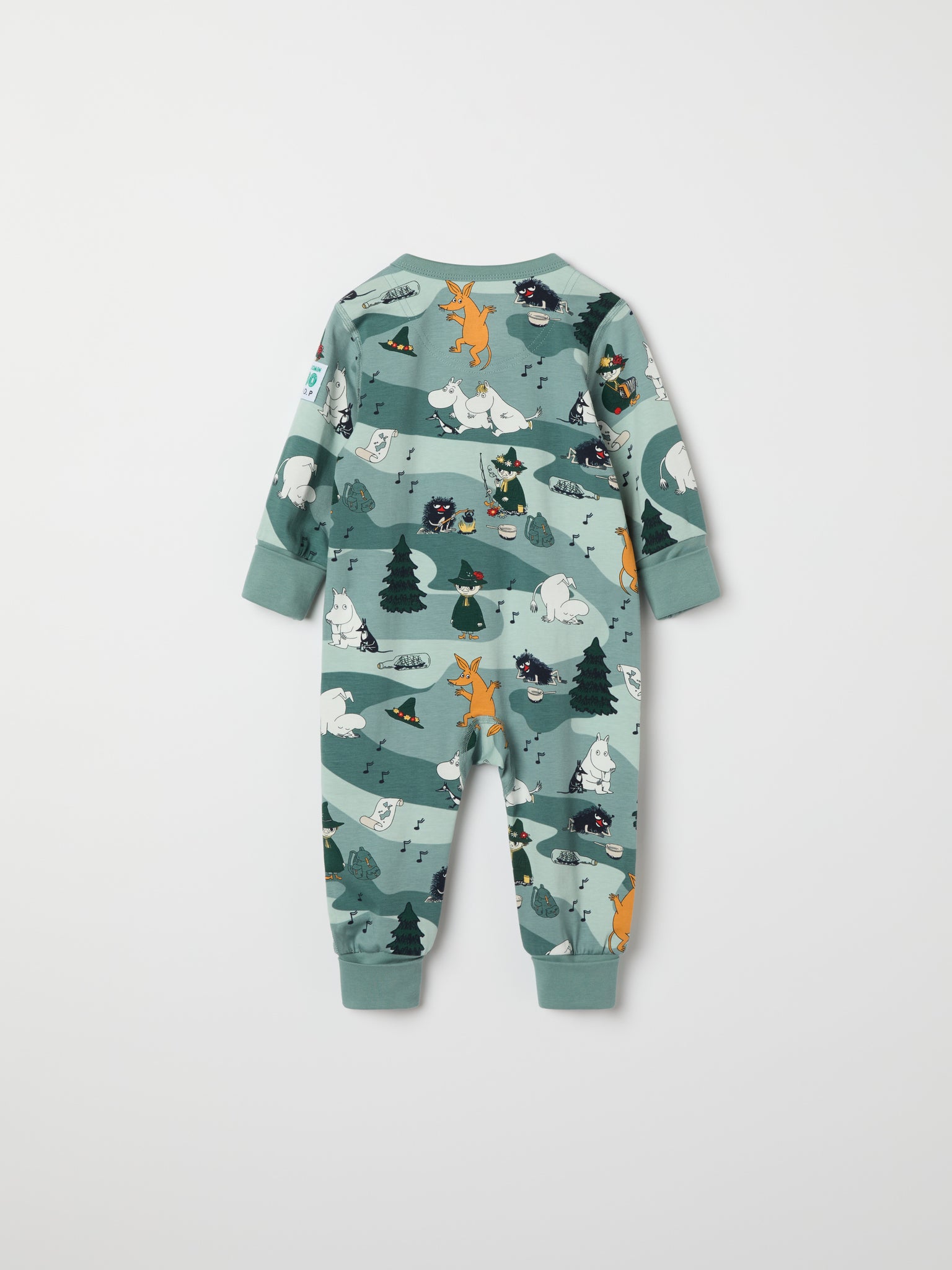 Moomin Print Baby Sleepsuit from the Polarn O. Pyret baby collection. Nordic kids clothes made from sustainable sources.