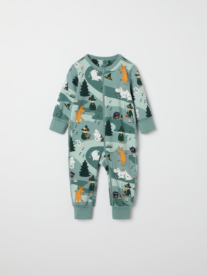 Moomin Print Baby Sleepsuit from the Polarn O. Pyret baby collection. Nordic kids clothes made from sustainable sources.