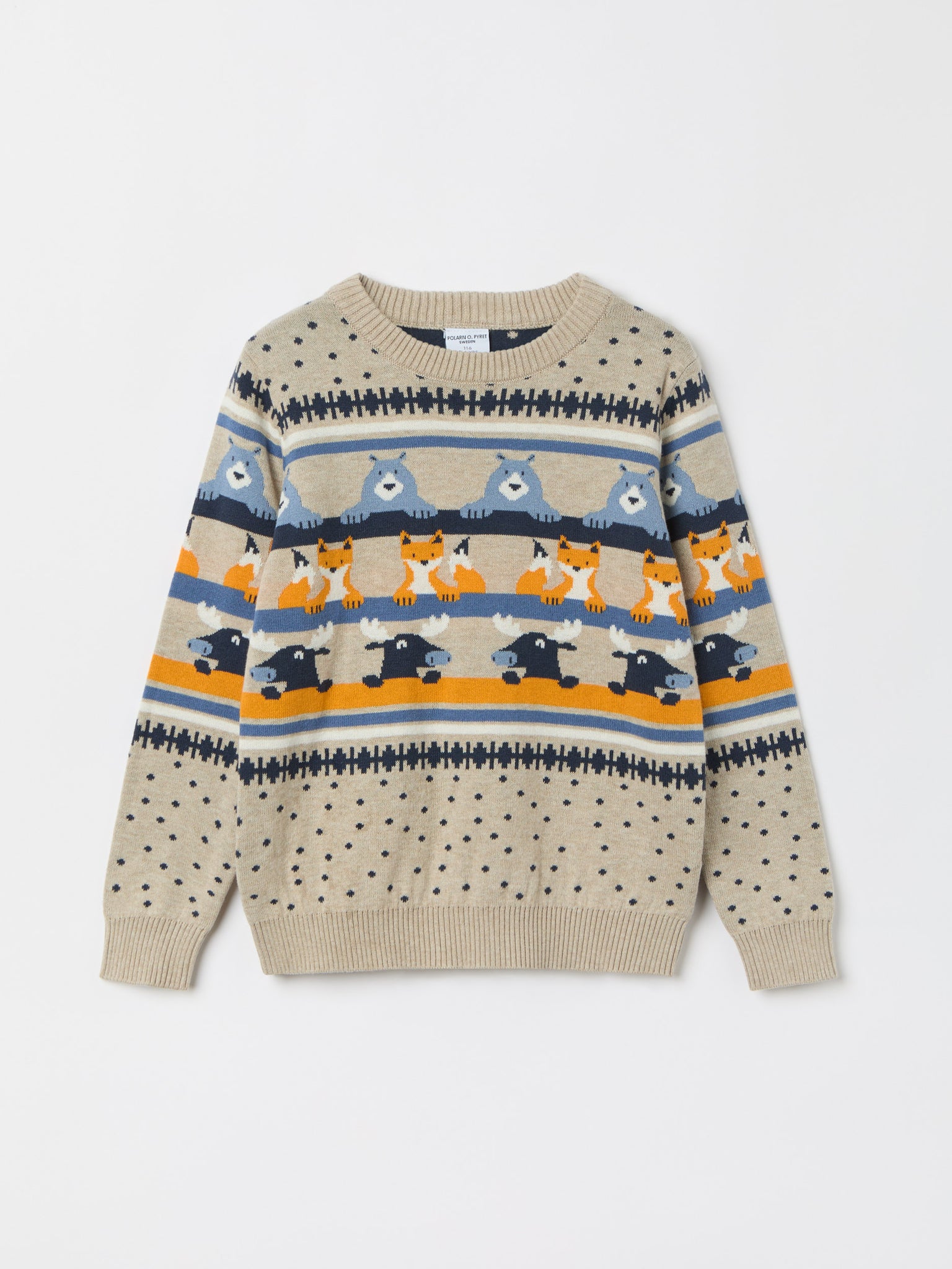 Beige Nordic Animal Kids Jumper from the Polarn O. Pyret kidswear collection. Nordic kids clothes made from sustainable sources.