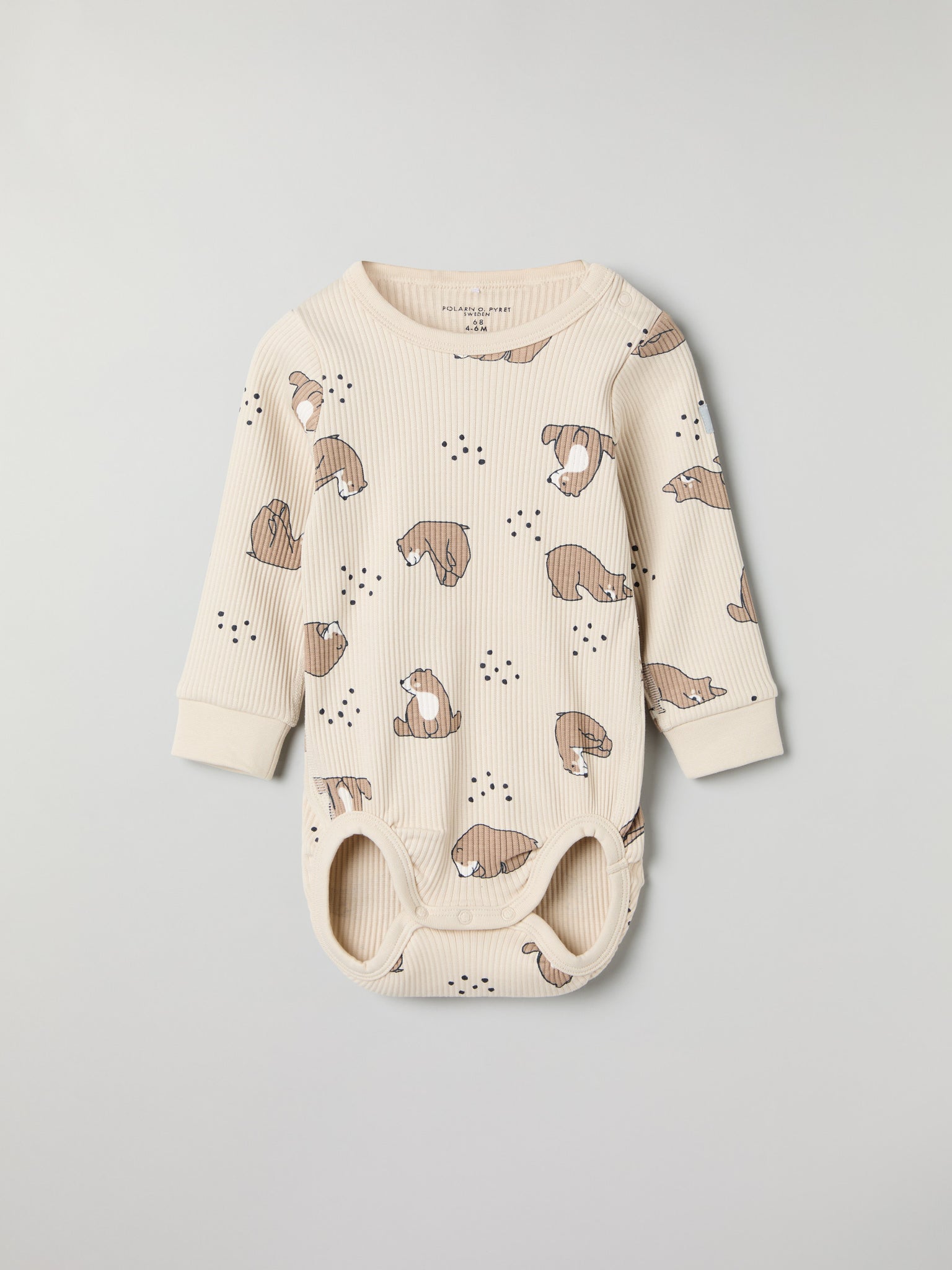 Bear Print Ribbed Babygrow from the Polarn O. Pyret baby collection. Nordic kids clothes made from sustainable sources.