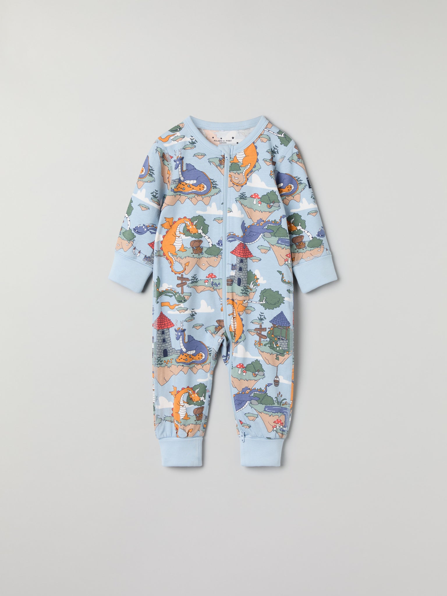 Dragon Print Baby Sleepsuit from the Polarn O. Pyret baby collection. Clothes made using sustainably sourced materials.